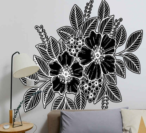 Vinilo Pared Dormitorio Diseño Floral Blanco Y Negro