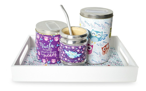 Imagen 1 de 4 de Juego De Mate Bandeja Desayuno Latas Mate Búhos Lechuza