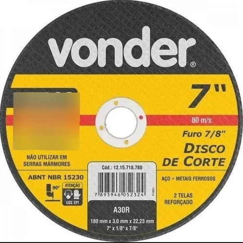 25 Und Disco De Corte 180x3,2x22,23mm Grão:g30 Vdr02 Vonder Cor Amarelo