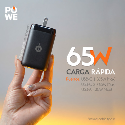 Cargador Tipo C 65w Gan 3 En 1 Con Cable Tipo C 1m Cargador Carga Rapida 2 Tipo C Y 1 Usb A Compatible Con Celulares iPhone Samsung Xiaomi Huawei Marca Po We Ada-p01-pw 1pz Color Negro