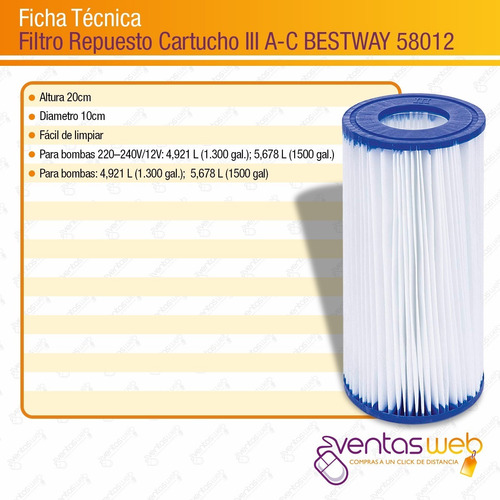 X 3 Cartucho Repuesto Bomba Filtro N° 3 Bestway = Intex A