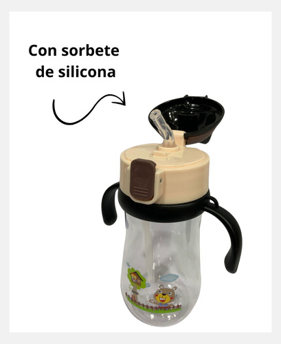 Vaso Plastico Con Pico De Silicona Botella Infantil Niños Negro Animalitos