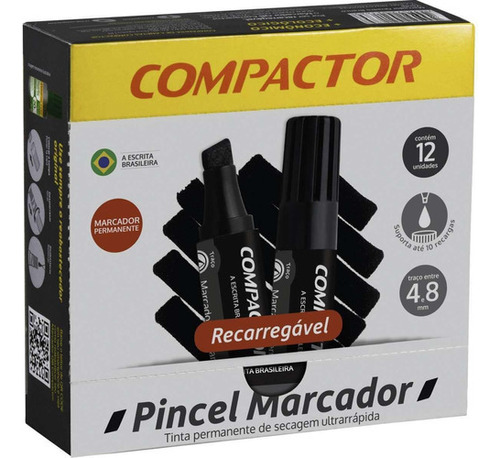 Pincel Marcador Permanente Preto Compactor Cx C/ 12 Un