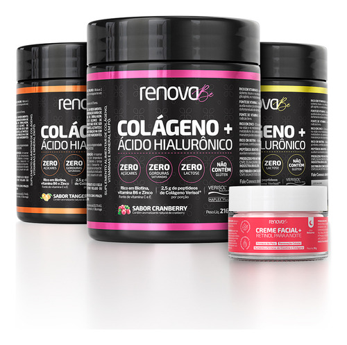 Kit 3 Colágenos Com Ácido Hialurônico E Biotina - Sabor 1 Tangerina - 1 Cranberry - 1 Frutas Tropicais