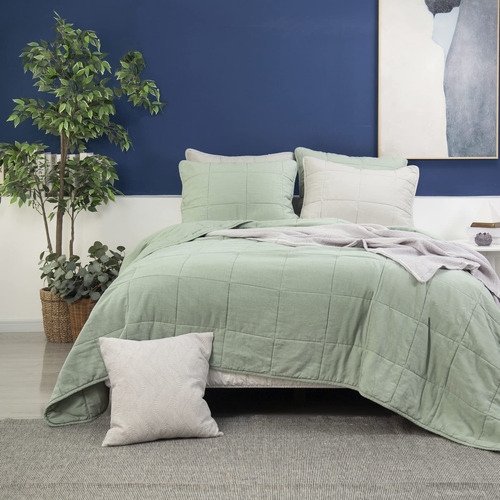 Set De Colcha Meadow Park Stonewashed Linen Blend Y Fundas