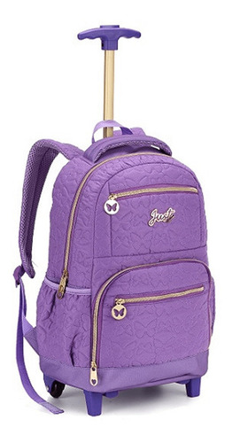 Mochila Bolsa Juvenil Feminina De Rodinhas Escolar Reforçada Cor Roxo