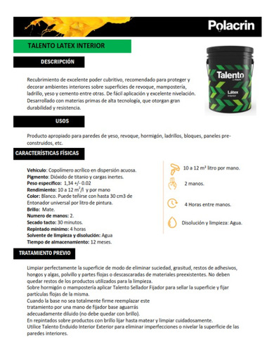 Pintura Latex Interior X 20lt Blanco Talento Polacrin