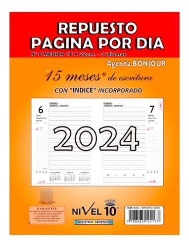 Repuesto Agenda Nivel 10 Bonjour N°7 Diaria 2024 15 Meses