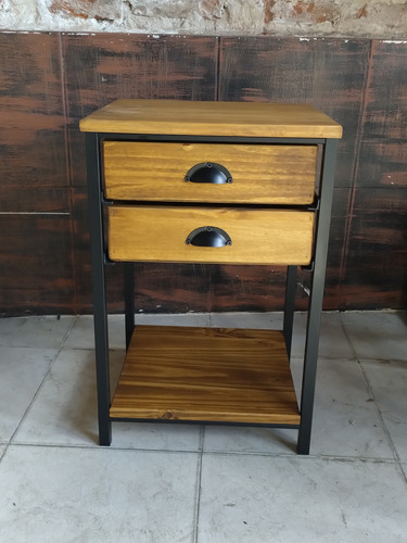 Imagen 4 de 8 de Mesa De Luz Mini 40x35x60 2 Cajones Industrial Hierro Madera