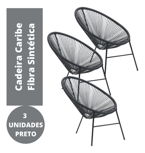 Kit 3 Cadeiras Caribe Fibra Sintética Preto Panero Móveis
