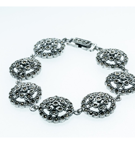 Pulseira De Prata De Bali 925 Com Flores E Marcassitas Suíça
