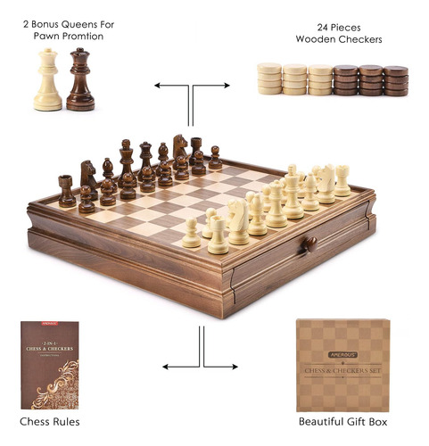 Amerous Juego De Ajedrez Y Damas De Madera De 15 X 15 Con De