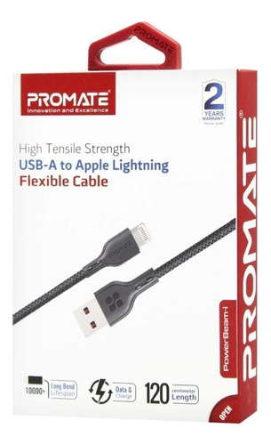 Cable Lightning Acordonado 1.2m Promate Carga Rapida 2a Color Negro