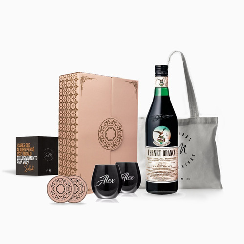 Estuche Box Fernet Branca 750ml + 2 Vasos Negros Grabados