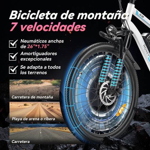 Honey Whale S8 Bicicleta Eléctrica De Montaña De 7 Velocidades Pila Extraíble Color Blanco HONEYWHALE Bicicleta Eléctrica para Adultos 450W MAX Autonomía 50KM Batería Extraíble 15AH 26 Pulgadas