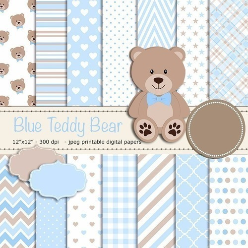 Kit Imprimible Teddy Bear Celeste - 4 Imagenes14 Fondos