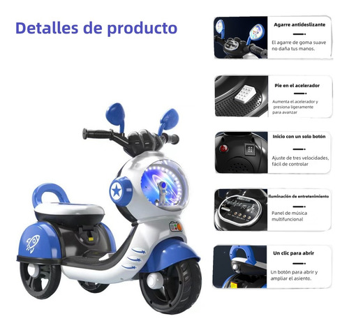 Moto Eléctrica Recargable Para Niños Con Música Y Luces Color Azul