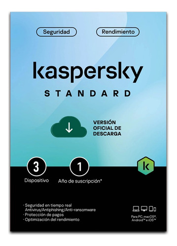 Kaspersky Standard 3 Dispositivo 1 Año Antivirus Descargable