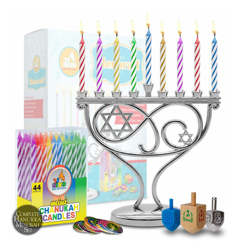 Juego De Mini Menorah  Menorah, 44 Mini Velas, 3 Dreide...