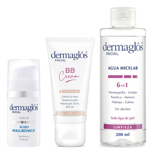 Dermaglos Set Rutina Facial Serum + Bb Tono Claro + H2o 6en1