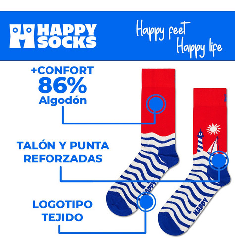 Calcetín Happy Socks Original Diseño Velero Unisex Estampado Multicolor Rayas 22 Cm - 25 Cm Del Pie