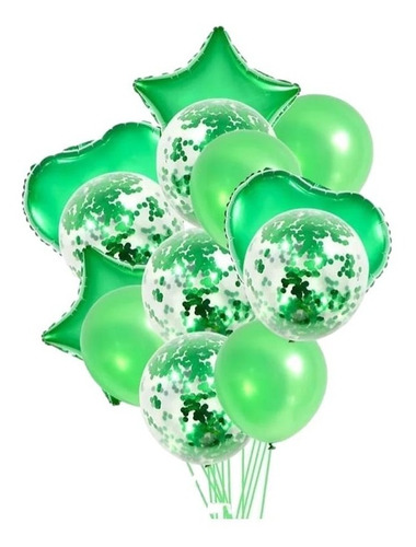 14 Globos Verde Latex Confeti Corazon Y Estrella