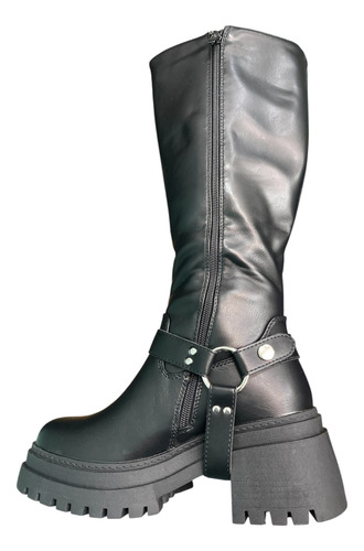 Bota Efecto Cuero Biker Plataforma Tacon Liviana Mujer Dama