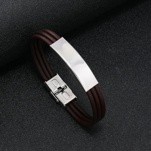 Pulsera Unisex En Cuerina Marrón Oscuro Y Placa De Acero- 