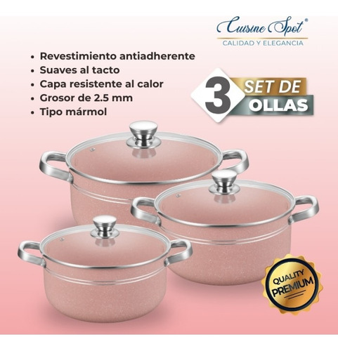 3 Olla Cacerola Alta De Aluminio Rosa Con Tapa De Cristal