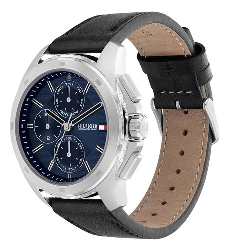 Reloj Tommy Hilfiger Hombre Walker 1710619 Malla Negro Bisel Plateado Fondo Azul
