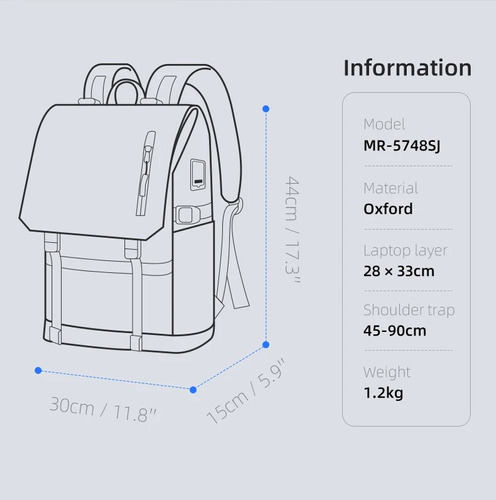 Mochila de viaje expandible Mark Ryden, color negro liso, 15,6 puertos USB