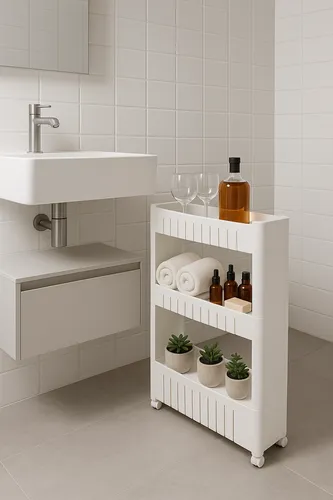 Uso versátil en cocina para organizar utensilios Carrito organizador metálico en uso en cocina con utensilios y especias