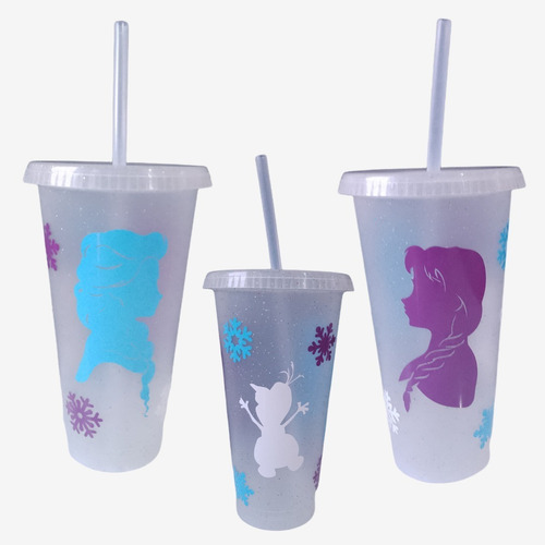 Vaso Diseño Frozen - Ana, Elsa Y Olaf Con Tapa Y Popote