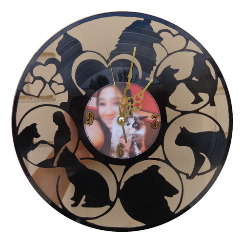 Reloj Disco De Vinilo Lp - Perros Y Gatos, Corazones Negro