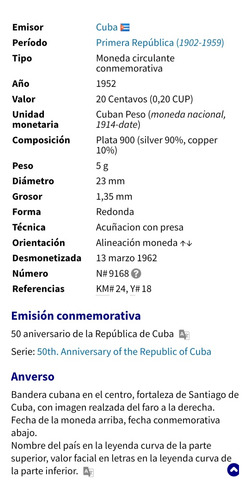 Moneda De Plata Extranjera, 20 Centavos 1952, País C U B A (Usado)
