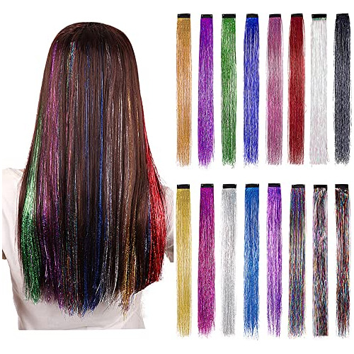 16 Pcs Láser Coloreado Tinsel Pelo Hilos Kit Clip En 9vgtz