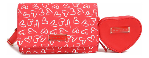 Bolsa Crossbody Para Dama Perry Ellis Y Monedero Corazón Acabado De Los Herrajes Metálico Color Rojo Correa De Hombro Rojo Diseño De La Tela Rojo Corazones Blancos