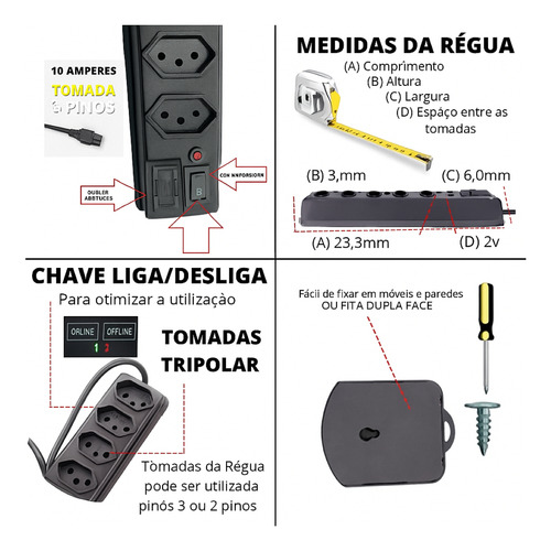Extensão Tripolar Barra 5 Tomadas Régua Filtro De Linha
