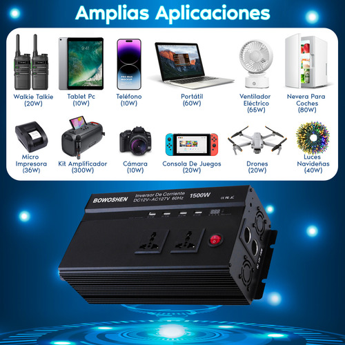 Inversor De Corriente Para Auto 1500w Con 4 Puertos Usb BOWOSHEN Inversor de Corriente Portátil Para Vehículo Coche 12V a 127V
