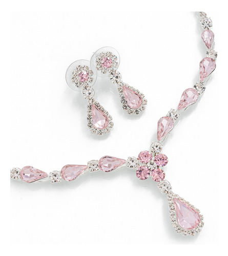 Conjunto Collar Gargantilla Piedras Strass Flor Y Gota Rosa