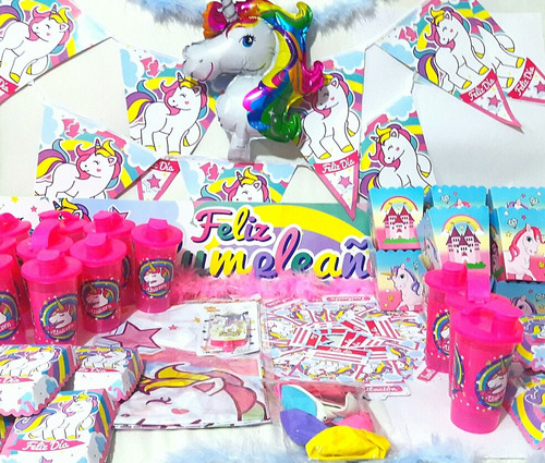 Kit Fiesta Unicornio Cumpleaños Niña Arcoiris Piñata 48 Invi