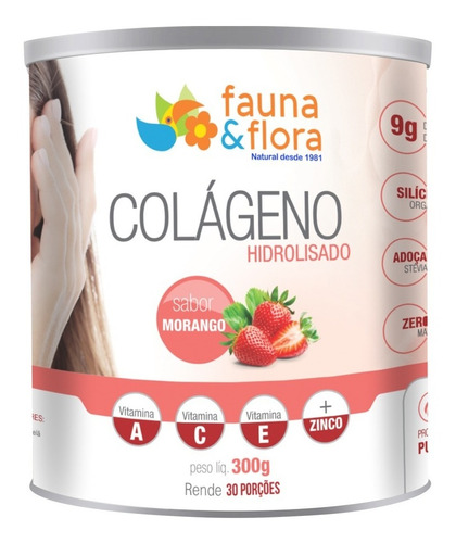 Colágeno Hidrolisado Morango Vitam A C E Zi Fauna Flora 300g Sabor Morango