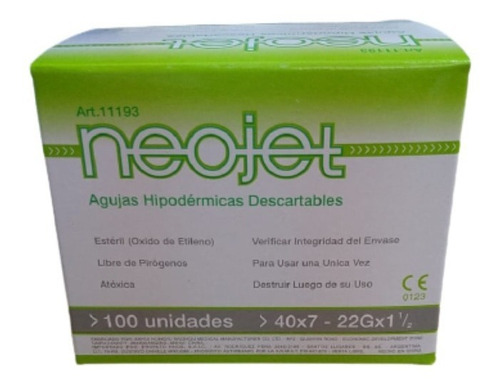Aguja Descartable 40 X 7 X 100 Unidades Neojet (22gx1 1/2)