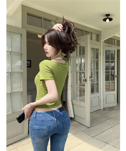 Camiseta Verde De Fibra De Poliéster Para Mujer, Diseño Sexy