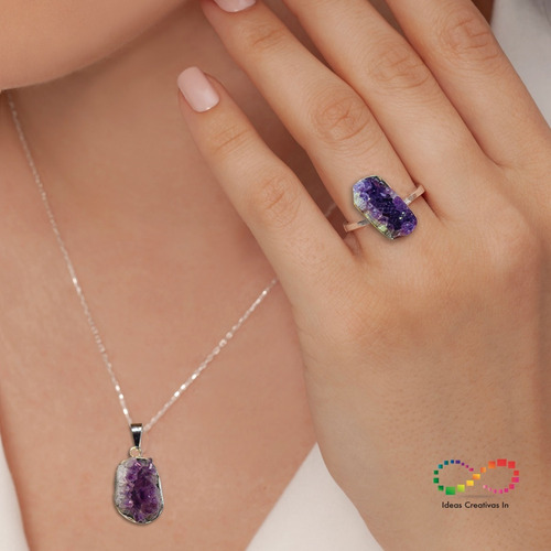 Juego De Dije Y Anillo De Piedra Cuarzo Amatista