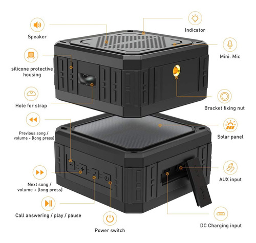 Bocina Solar Portátil Ipx6 De Abfoce, Resistente A Bluetooth