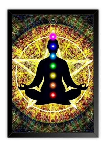 Quadro Decorativo 7 Chakras Estrela Moldura Madeira Vidro A3 Cor da armação Preto