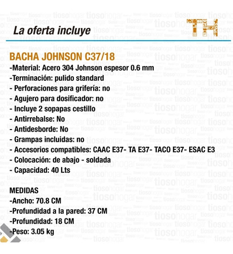 Bacha Doble Johnson Para Cocina C37/18 70x37x18 Sin Interes