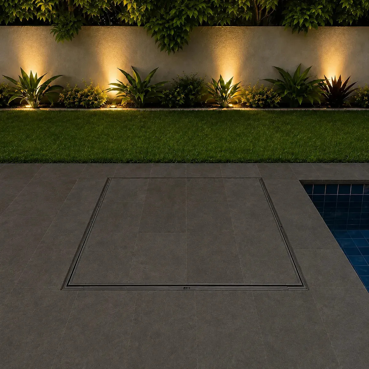 Tampa Casa De Máquina Piscina 80x80 Rebaixada Oculta Aço Galvalume MetalFort Preto