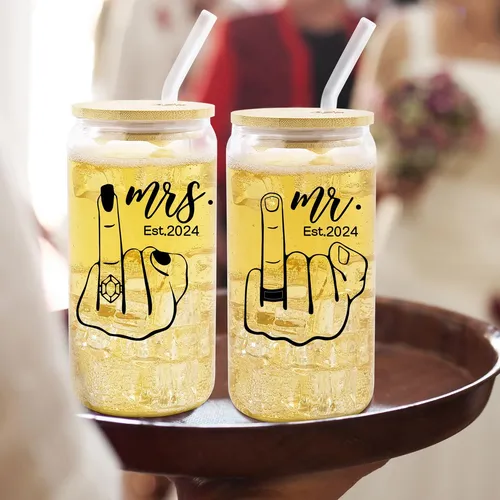 Est. 2024 Mr & Mrs Glass Cup Con Tapas Y Pajitas - Regalos D